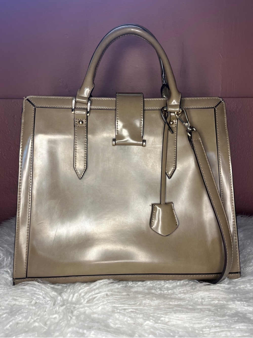 NWT The Limited Taupe Patent Satchel with Top Handles